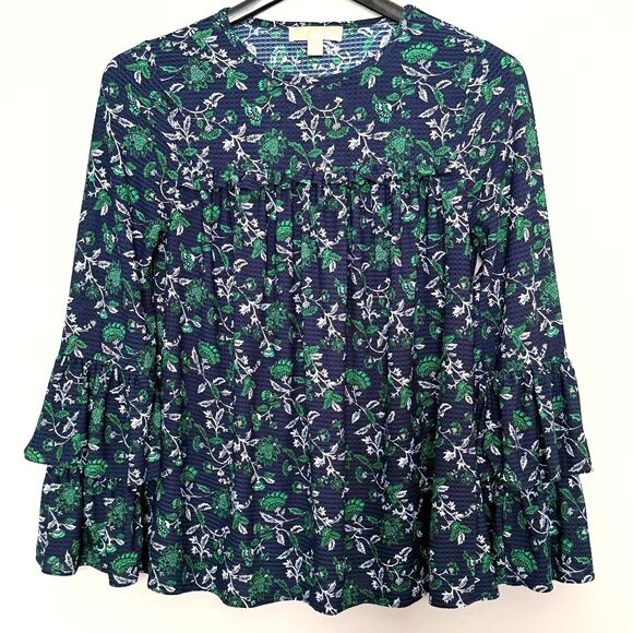 MICHAEL KORS Boho Peasant Blouse M Ruffled Tiered Fairy Bell Sleeve Waffle Knit - Picture 1 of 8
